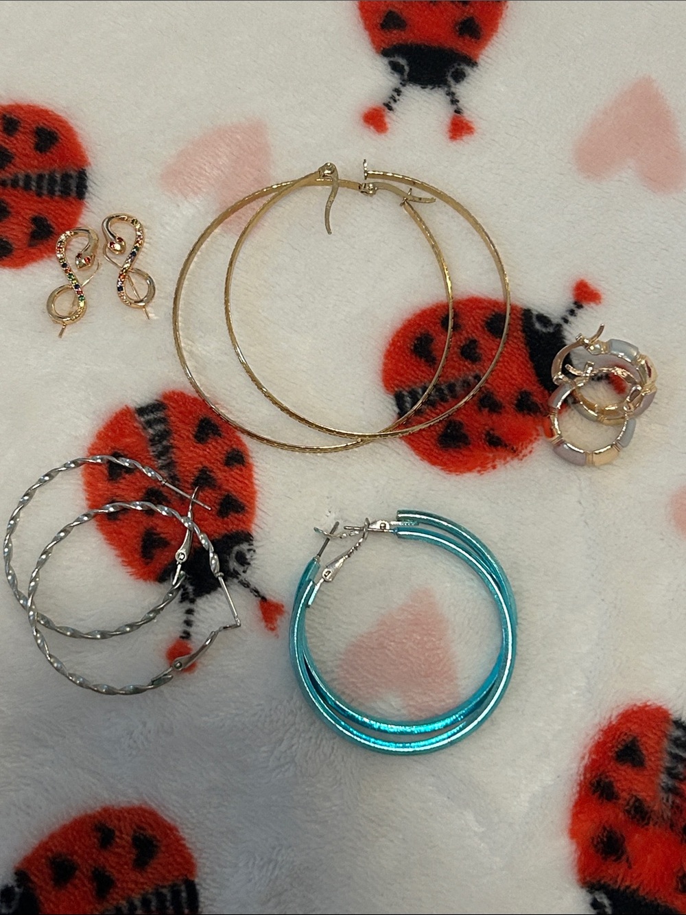 Hoop Earrings 5 pairs bundle, Large and Small - Blue, Gold, Silver